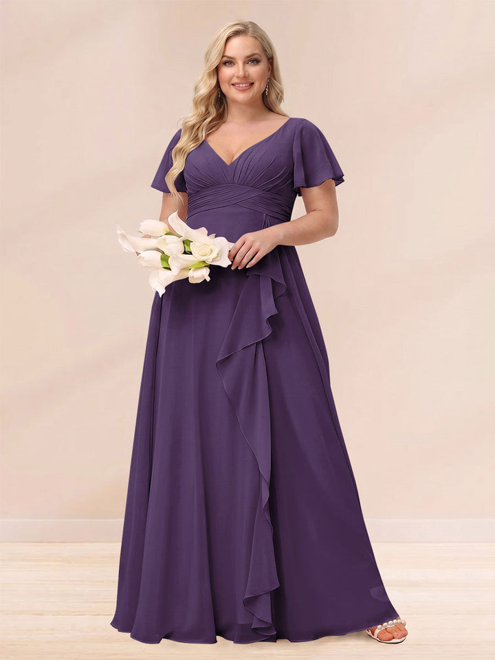 A-Line/Princess V-Neck Long Plus size Bridesmaid Dresses with Ruffles
