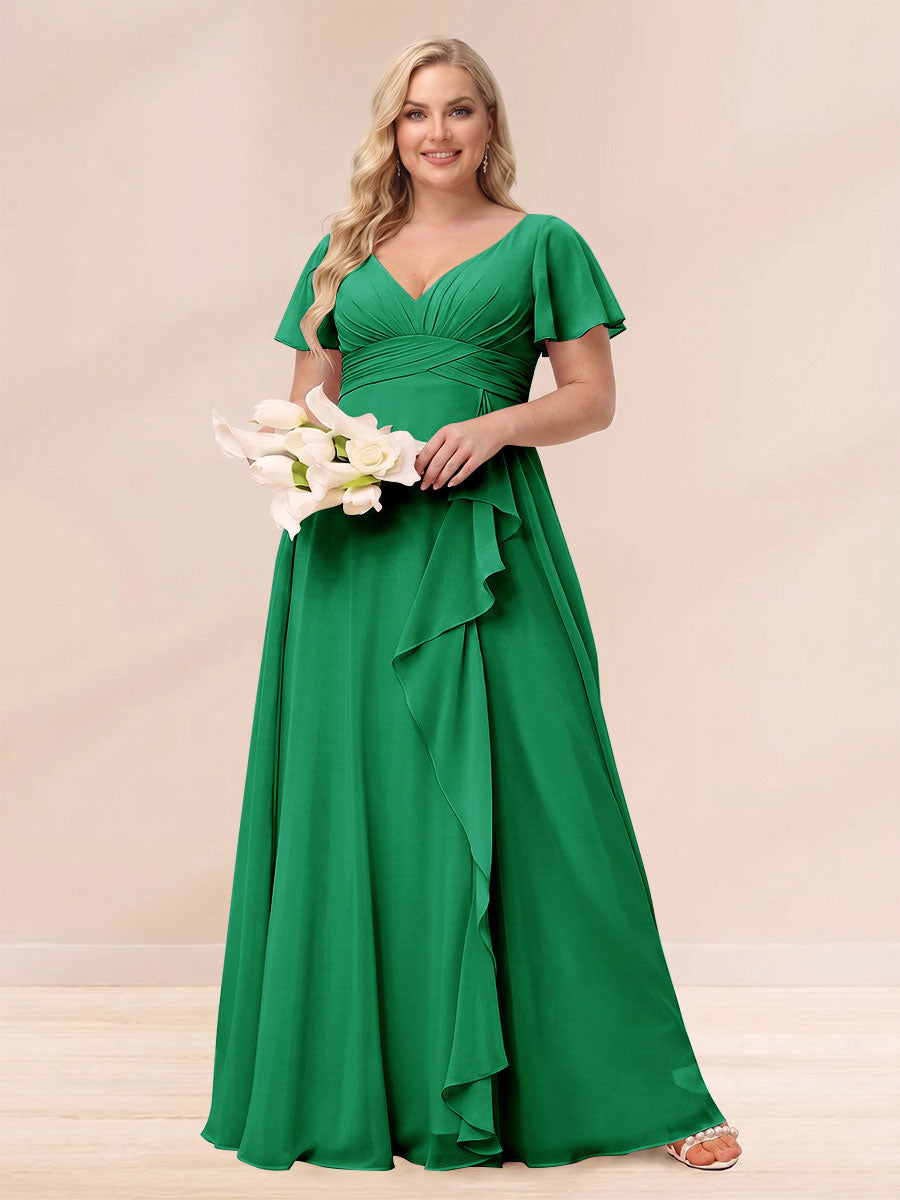 A-Line/Princess V-Neck Long Plus size Bridesmaid Dresses with Ruffles