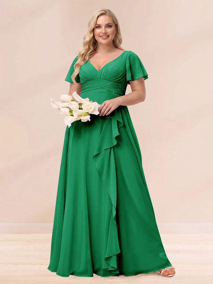 A-Line/Princess V-Neck Long Plus size Bridesmaid Dresses with Ruffles