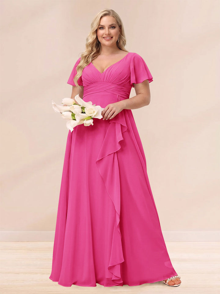 A-Line/Princess V-Neck Long Plus size Bridesmaid Dresses with Ruffles