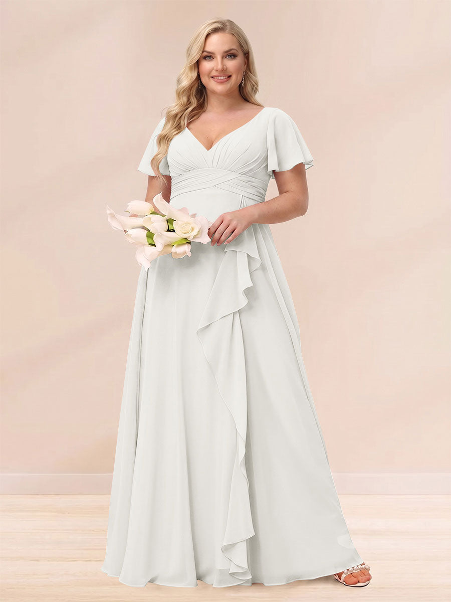 A-Line/Princess V-Neck Long Plus size Bridesmaid Dresses with Ruffles