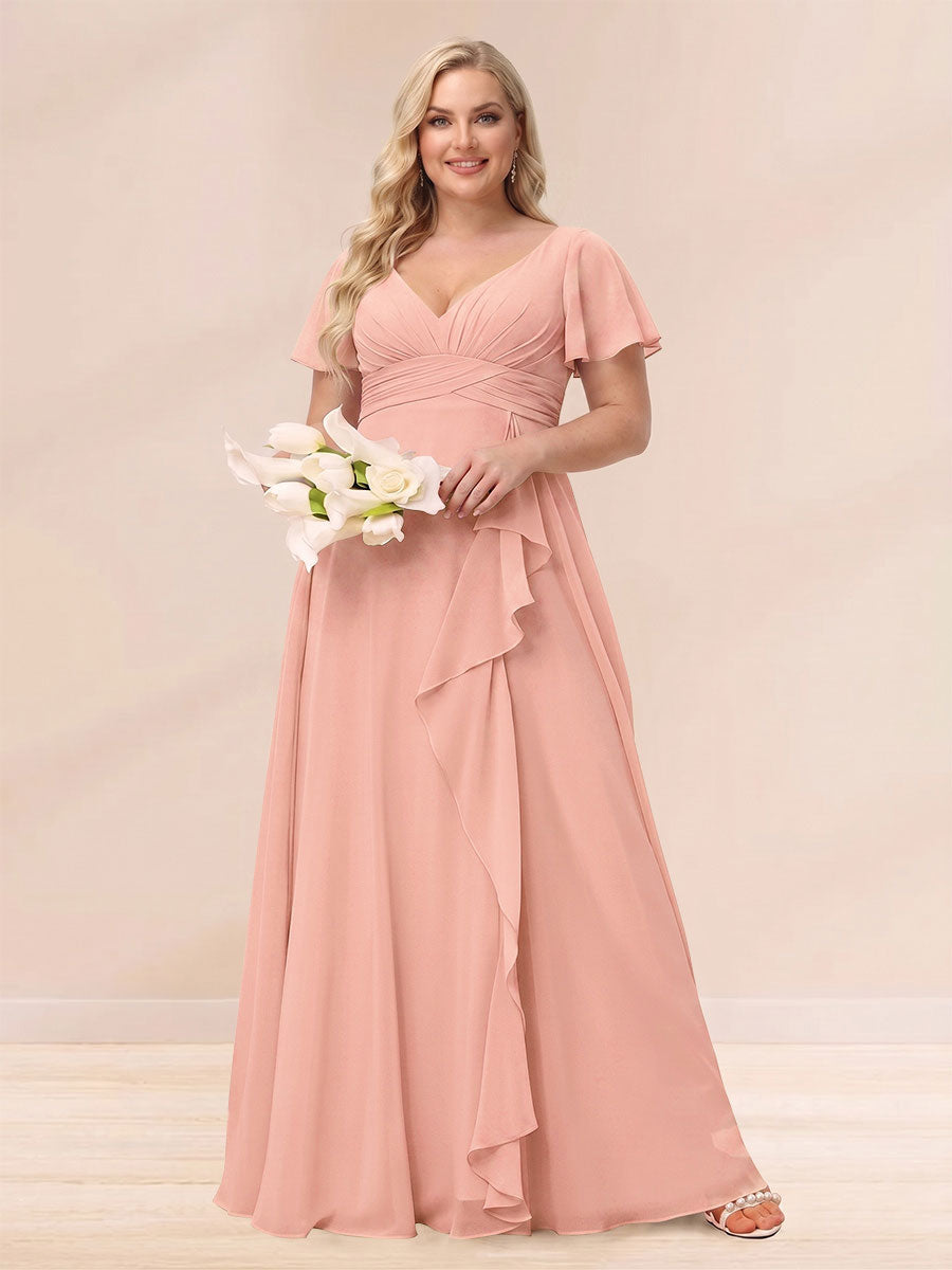 A-Line/Princess V-Neck Long Plus size Bridesmaid Dresses with Ruffles