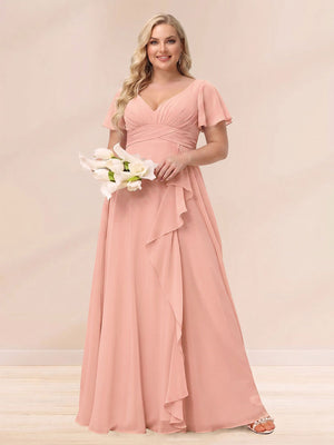 A-Line/Princess V-Neck Long Plus size Bridesmaid Dresses with Ruffles