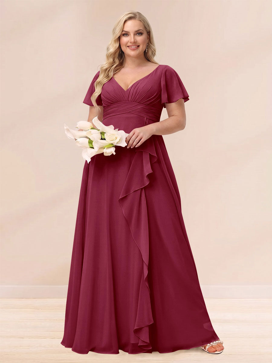 A-Line/Princess V-Neck Long Plus size Bridesmaid Dresses with Ruffles