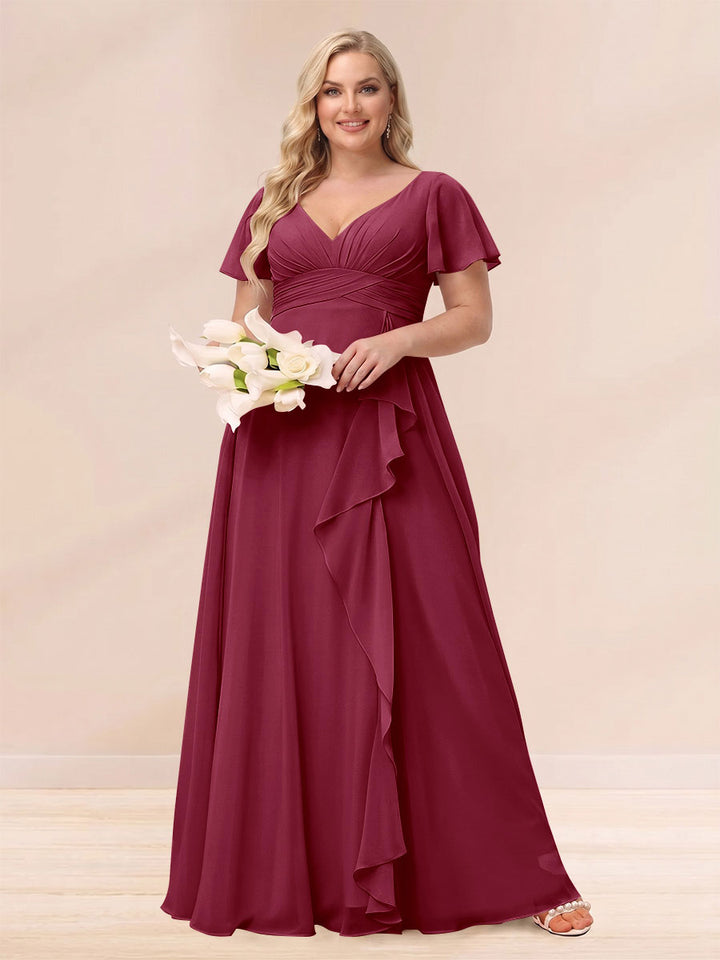 A-Line/Princess V-Neck Long Plus size Bridesmaid Dresses with Ruffles