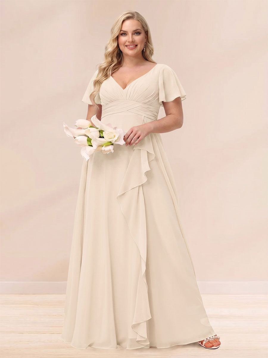 A-Line/Princess V-Neck Long Plus size Bridesmaid Dresses with Ruffles