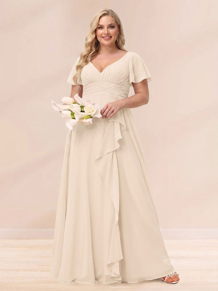 A-Line/Princess V-Neck Long Plus size Bridesmaid Dresses with Ruffles