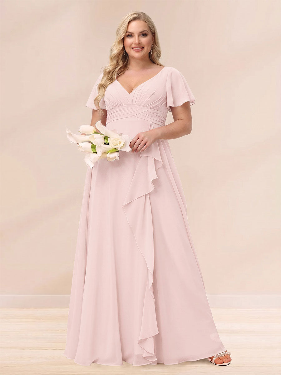 A-Line/Princess V-Neck Long Plus size Bridesmaid Dresses with Ruffles