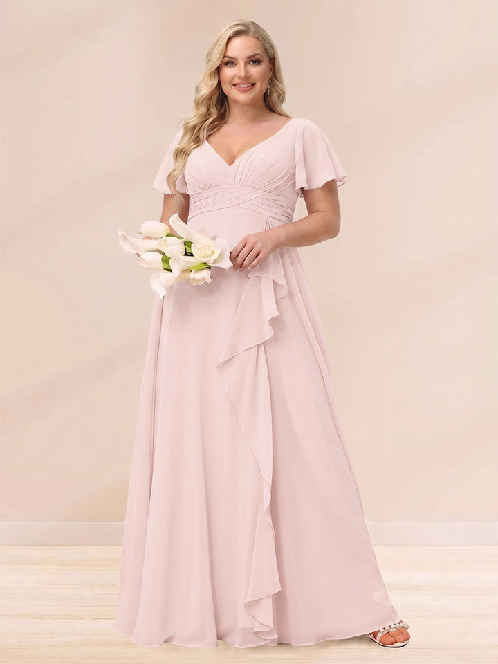 A-Line/Princess V-Neck Long Plus size Bridesmaid Dresses with Ruffles