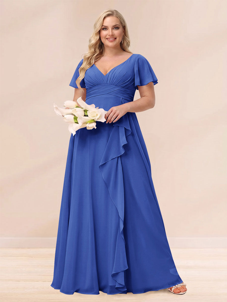 A-Line/Princess V-Neck Long Plus size Bridesmaid Dresses with Ruffles