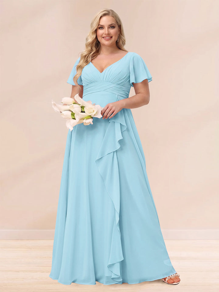 A-Line/Princess V-Neck Long Plus size Bridesmaid Dresses with Ruffles