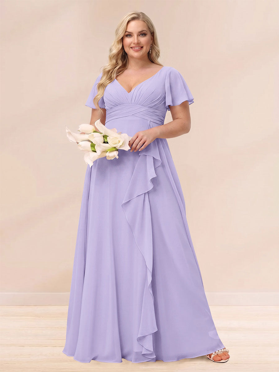 A-Line/Princess V-Neck Long Plus size Bridesmaid Dresses with Ruffles