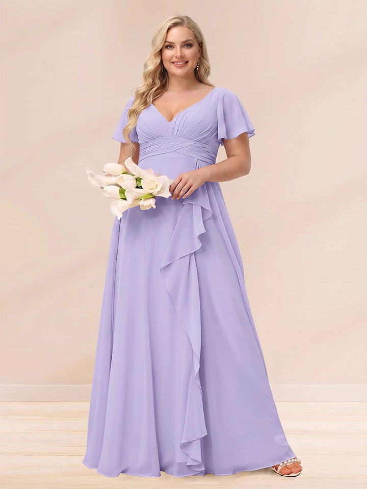 A-Line/Princess V-Neck Long Plus size Bridesmaid Dresses with Ruffles