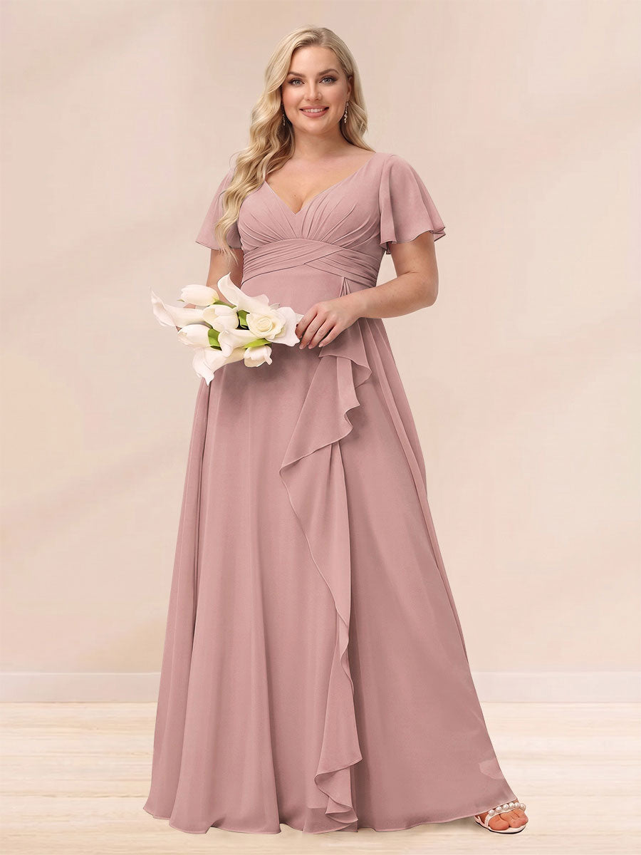 A-Line/Princess V-Neck Long Plus size Bridesmaid Dresses with Ruffles