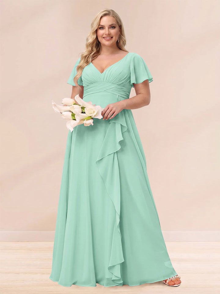 A-Line/Princess V-Neck Long Plus size Bridesmaid Dresses with Ruffles