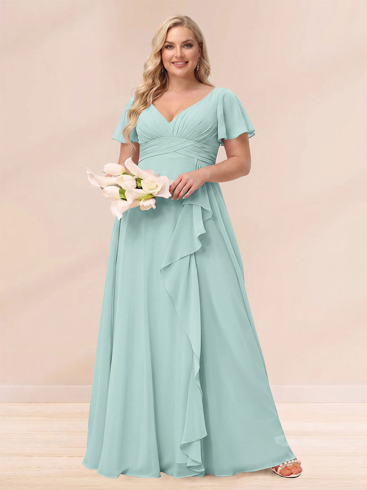 A-Line/Princess V-Neck Long Plus size Bridesmaid Dresses with Ruffles