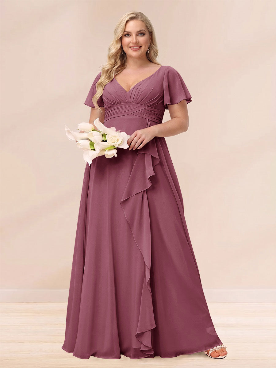 A-Line/Princess V-Neck Long Plus size Bridesmaid Dresses with Ruffles