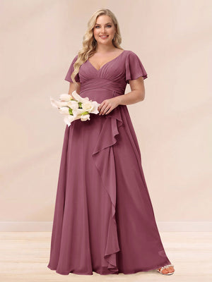 A-Line/Princess V-Neck Long Plus size Bridesmaid Dresses with Ruffles