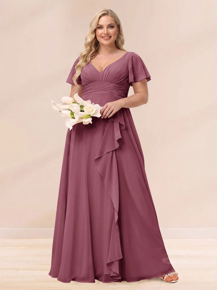 A-Line/Princess V-Neck Long Plus size Bridesmaid Dresses with Ruffles