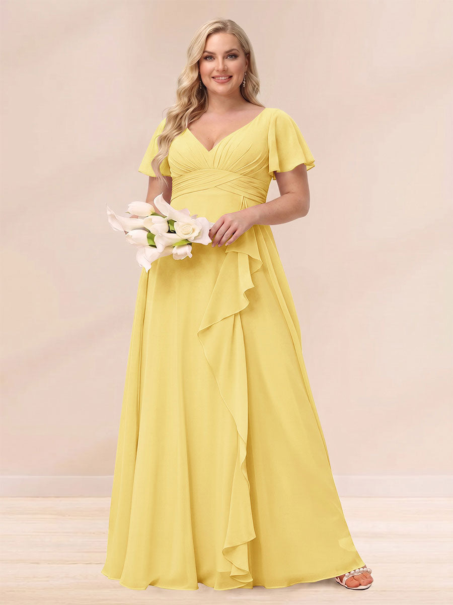 A-Line/Princess V-Neck Long Plus size Bridesmaid Dresses with Ruffles
