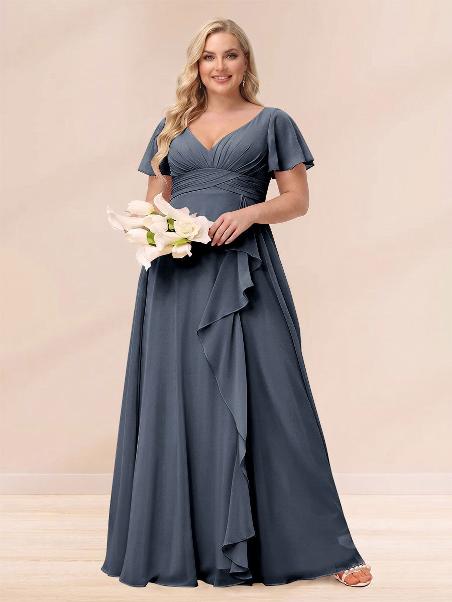 A-Line/Princess V-Neck Long Plus size Bridesmaid Dresses with Ruffles – Lavetir