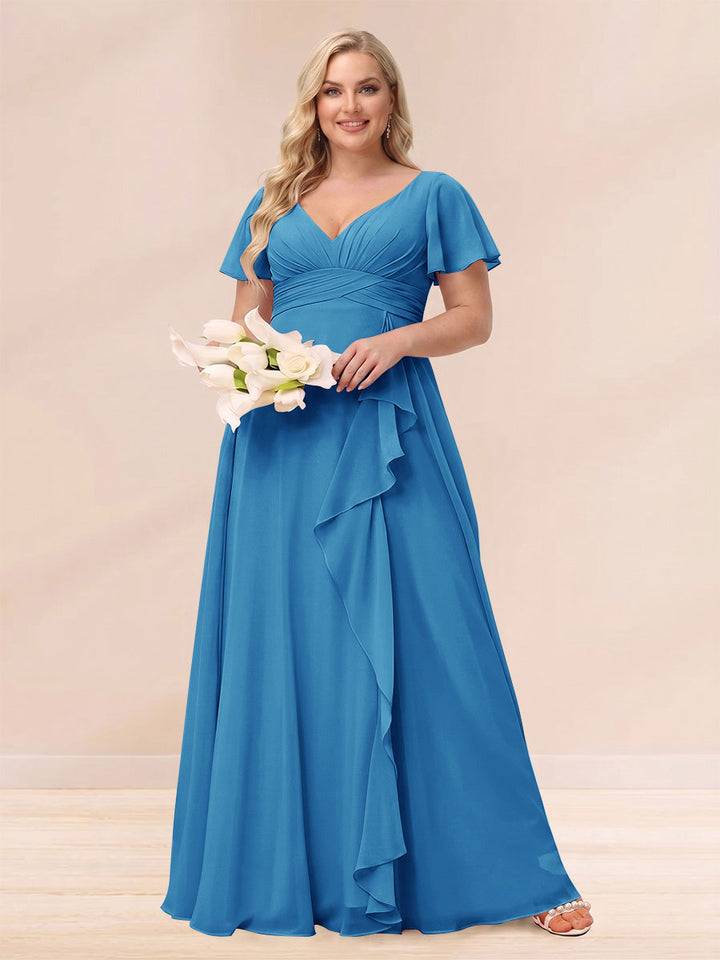 A-Line/Princess V-Neck Long Plus size Bridesmaid Dresses with Ruffles