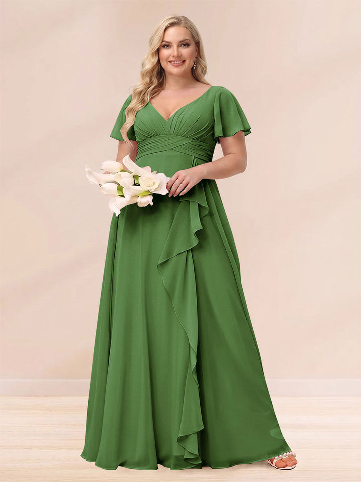 A-Line/Princess V-Neck Long Plus size Bridesmaid Dresses with Ruffles