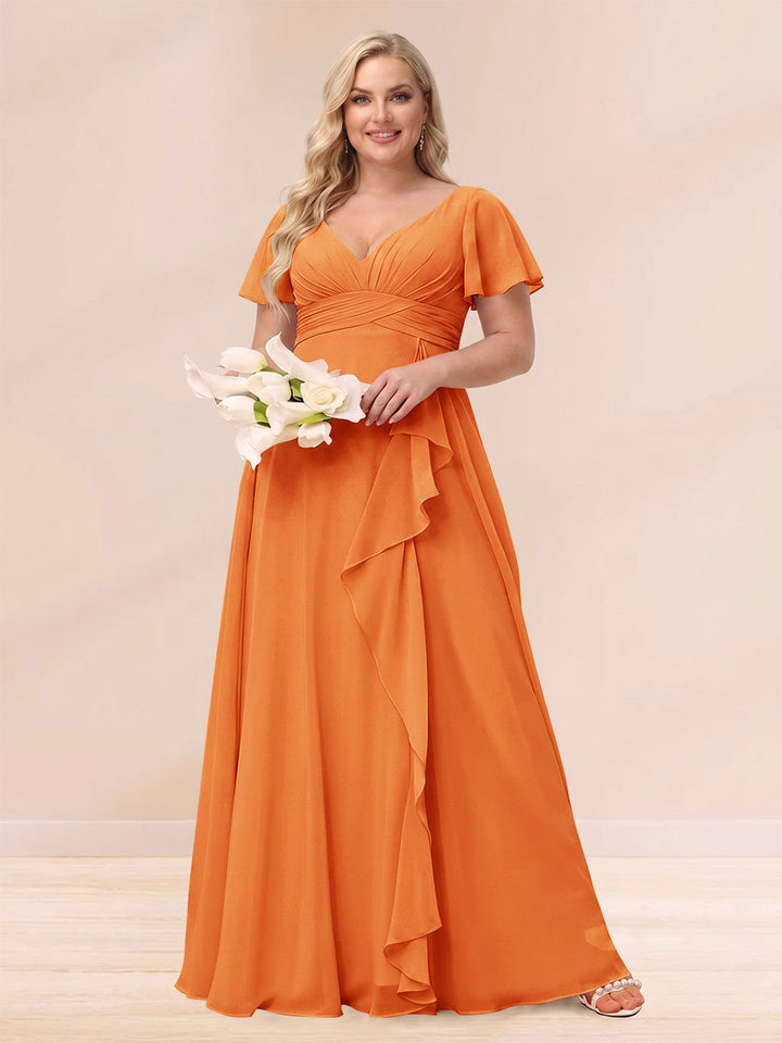 A-Line/Princess V-Neck Long Plus size Bridesmaid Dresses with Ruffles