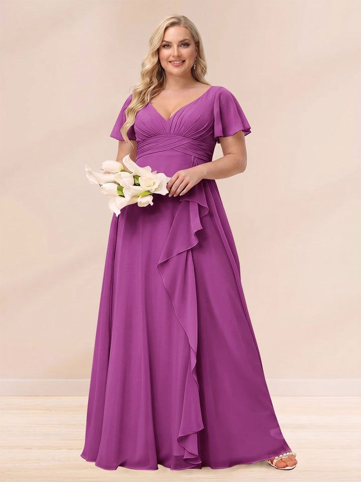 A-Line/Princess V-Neck Long Plus size Bridesmaid Dresses with Ruffles