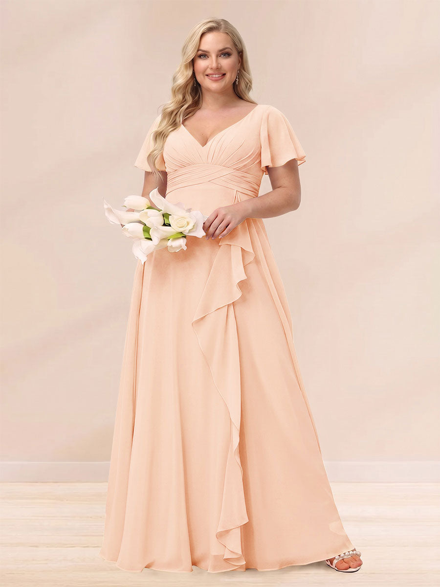 A-Line/Princess V-Neck Long Plus size Bridesmaid Dresses with Ruffles