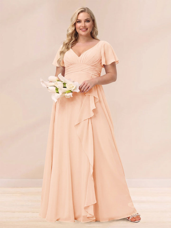 A-Line/Princess V-Neck Long Plus size Bridesmaid Dresses with Ruffles