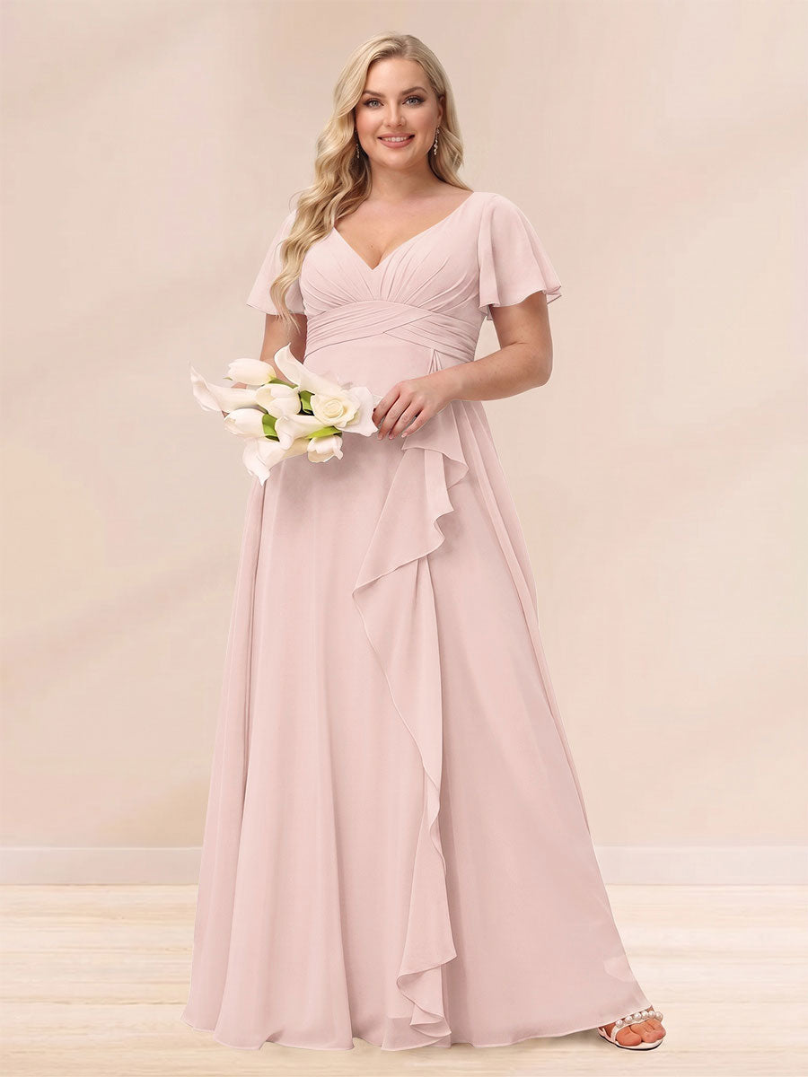 A-Line/Princess V-Neck Long Plus size Bridesmaid Dresses with Ruffles