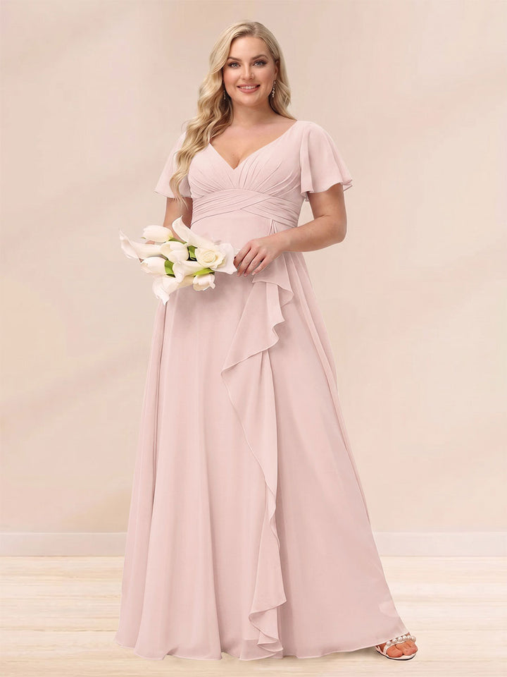 A-Line/Princess V-Neck Long Plus size Bridesmaid Dresses with Ruffles
