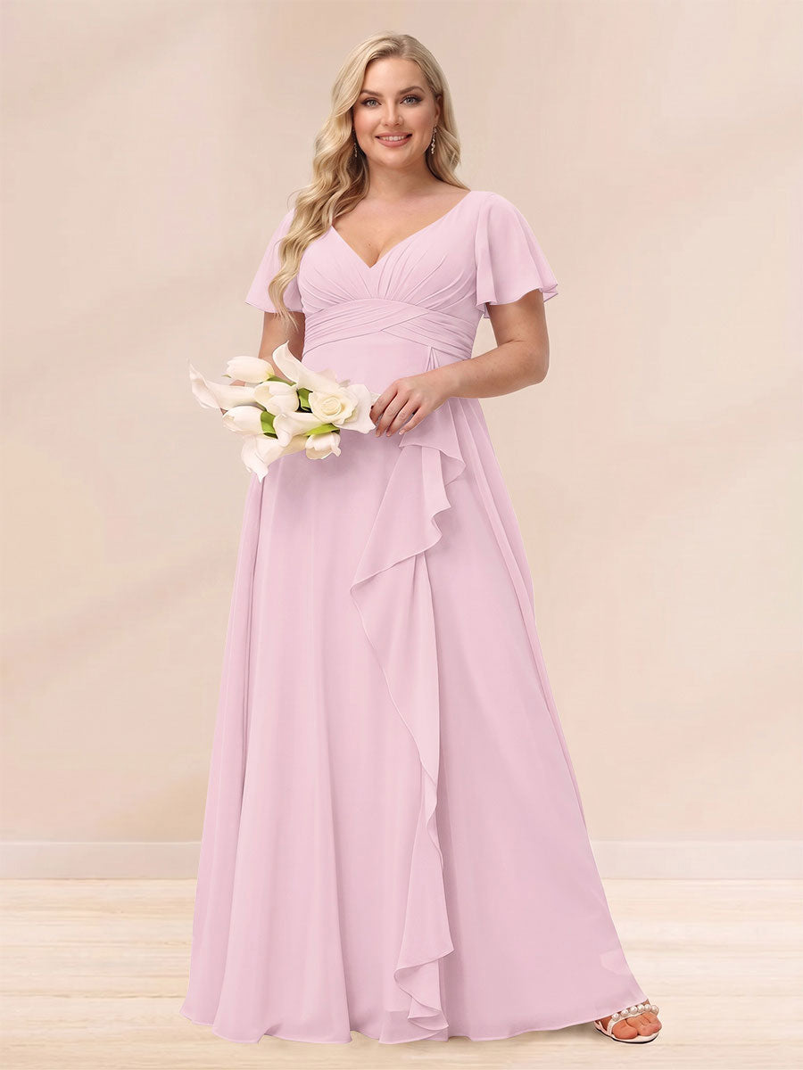 A-Line/Princess V-Neck Long Plus size Bridesmaid Dresses with Ruffles