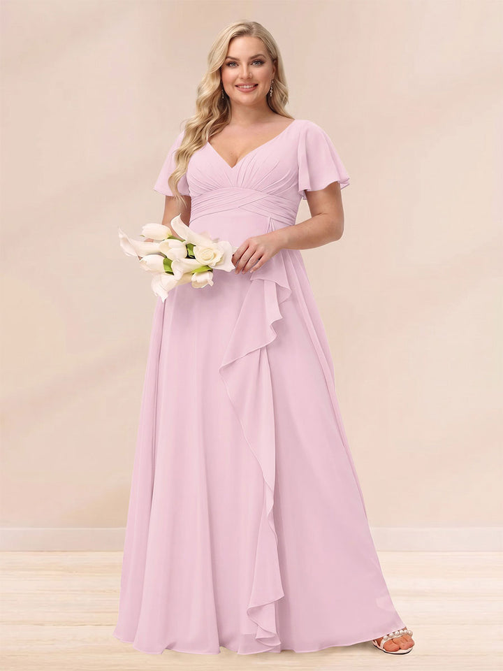 A-Line/Princess V-Neck Long Plus size Bridesmaid Dresses with Ruffles