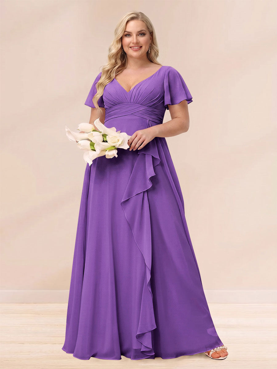 A-Line/Princess V-Neck Long Plus size Bridesmaid Dresses with Ruffles