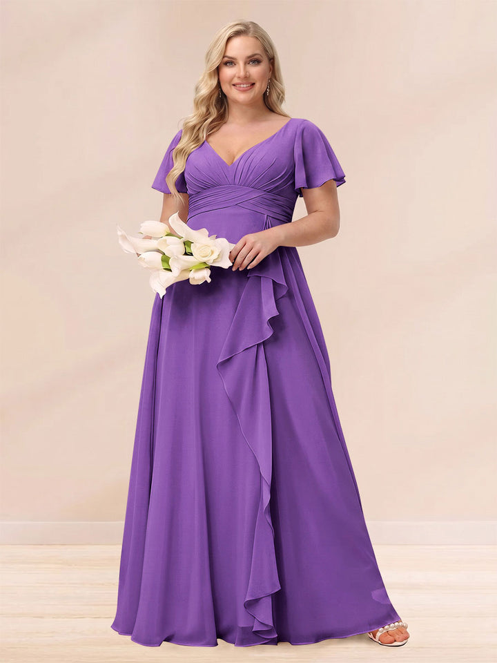 A-Line/Princess V-Neck Long Plus size Bridesmaid Dresses with Ruffles