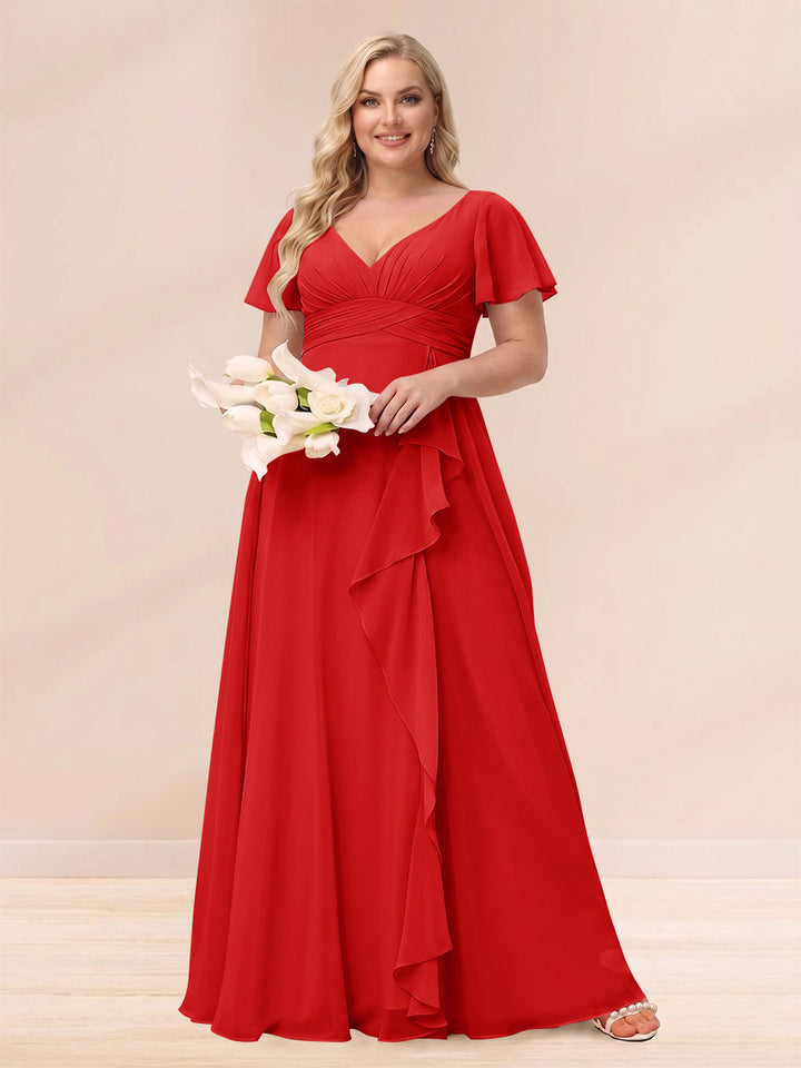 A-Line/Princess V-Neck Long Plus size Bridesmaid Dresses with Ruffles