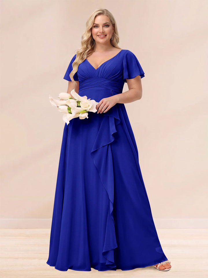 A-Line/Princess V-Neck Long Plus size Bridesmaid Dresses with Ruffles