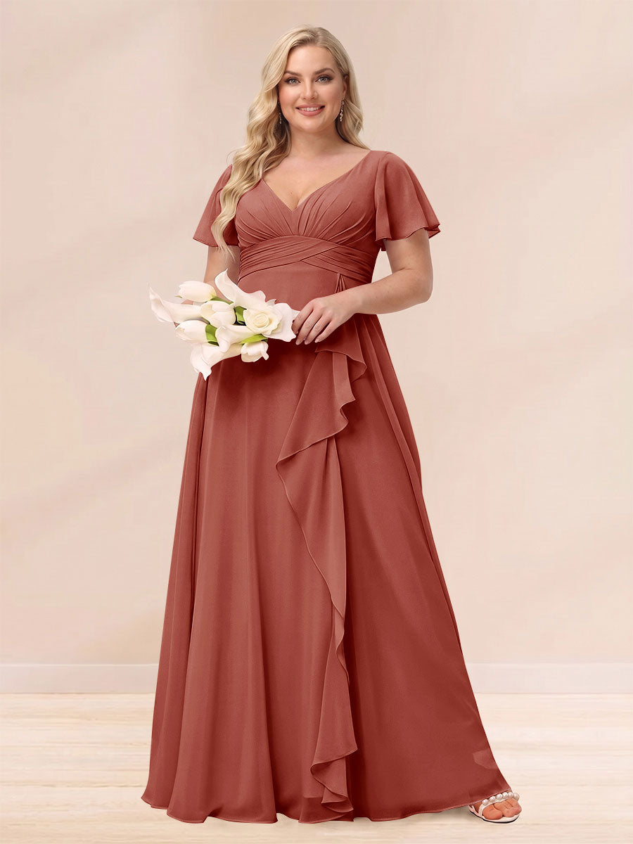 A-Line/Princess V-Neck Long Plus size Bridesmaid Dresses with Ruffles