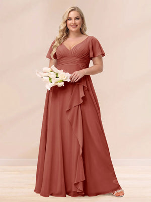 A-Line/Princess V-Neck Long Plus size Bridesmaid Dresses with Ruffles