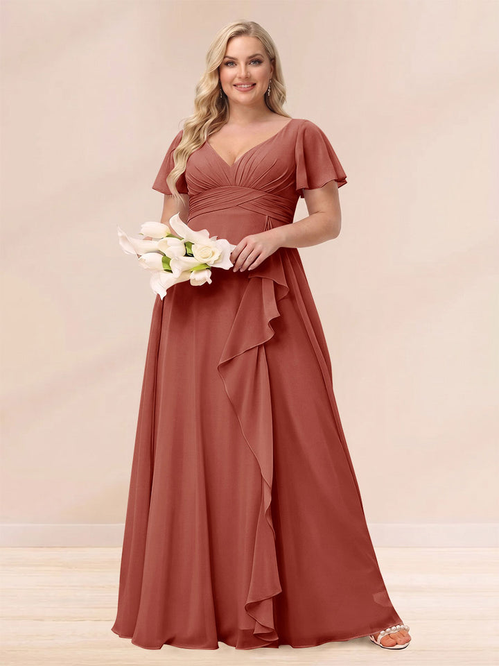 A-Line/Princess V-Neck Long Plus size Bridesmaid Dresses with Ruffles