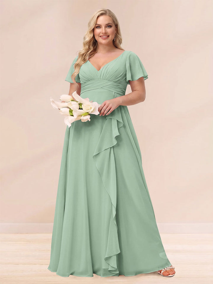 A-Line/Princess V-Neck Long Plus size Bridesmaid Dresses with Ruffles