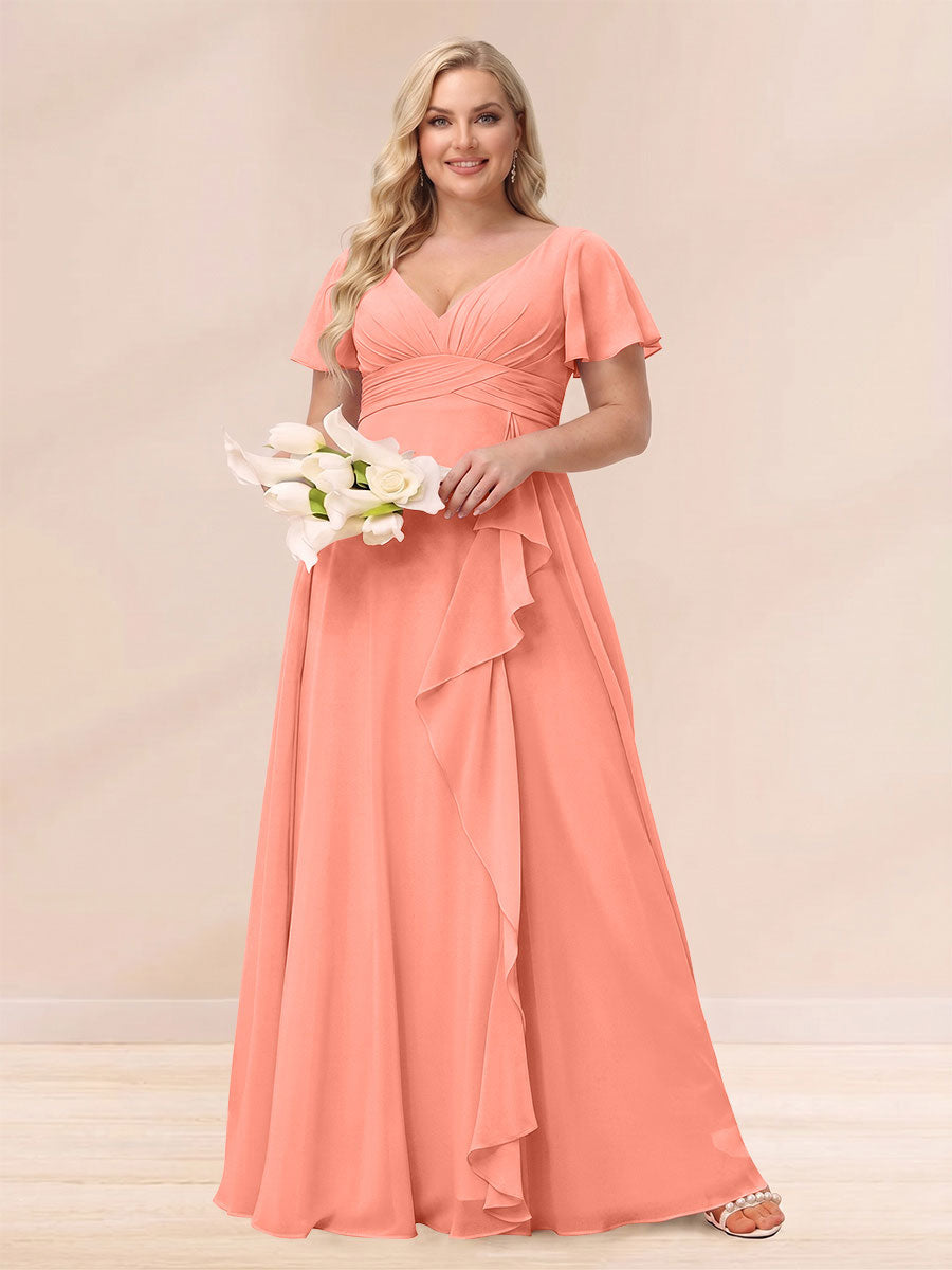 A-Line/Princess V-Neck Long Plus size Bridesmaid Dresses with Ruffles