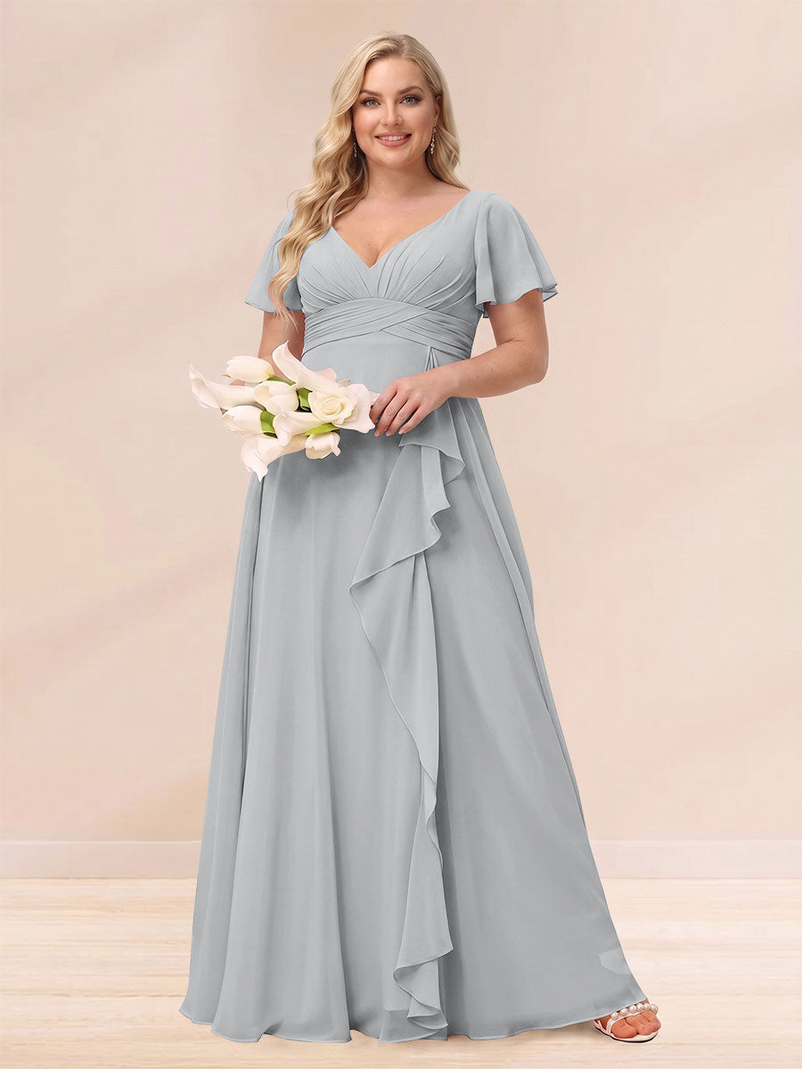 A-Line/Princess V-Neck Long Plus size Bridesmaid Dresses with Ruffles