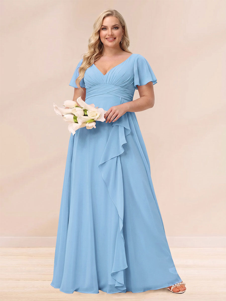 A-Line/Princess V-Neck Long Plus size Bridesmaid Dresses with Ruffles