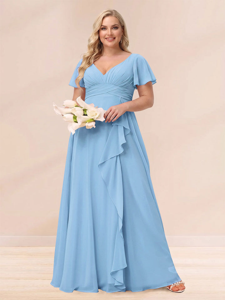 A-Line/Princess V-Neck Long Plus size Bridesmaid Dresses with Ruffles