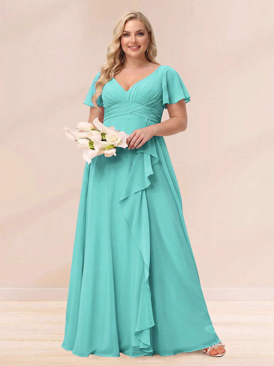 A-Line/Princess V-Neck Long Plus size Bridesmaid Dresses with Ruffles
