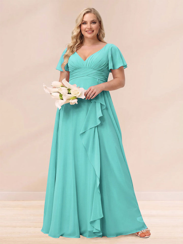 A-Line/Princess V-Neck Long Plus size Bridesmaid Dresses with Ruffles