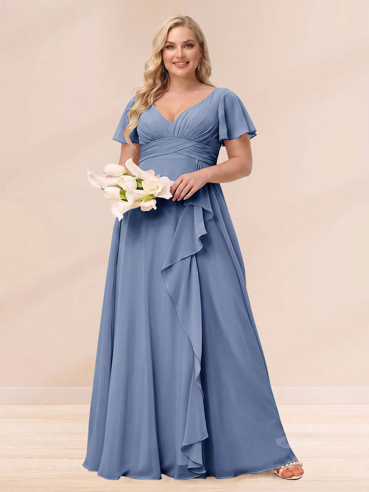 A-Line/Princess V-Neck Long Plus size Bridesmaid Dresses with Ruffles
